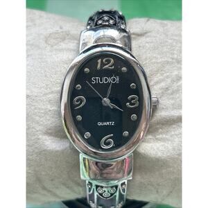 Studio Time Black Dial Silver Tone Women’s Cuff Watch